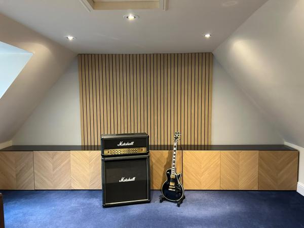 Empire trades music room wood slat feature wall